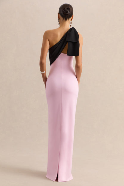 Adara | Pink & Black Asymmetric-Neck Maxi Dress With Bow-Detail