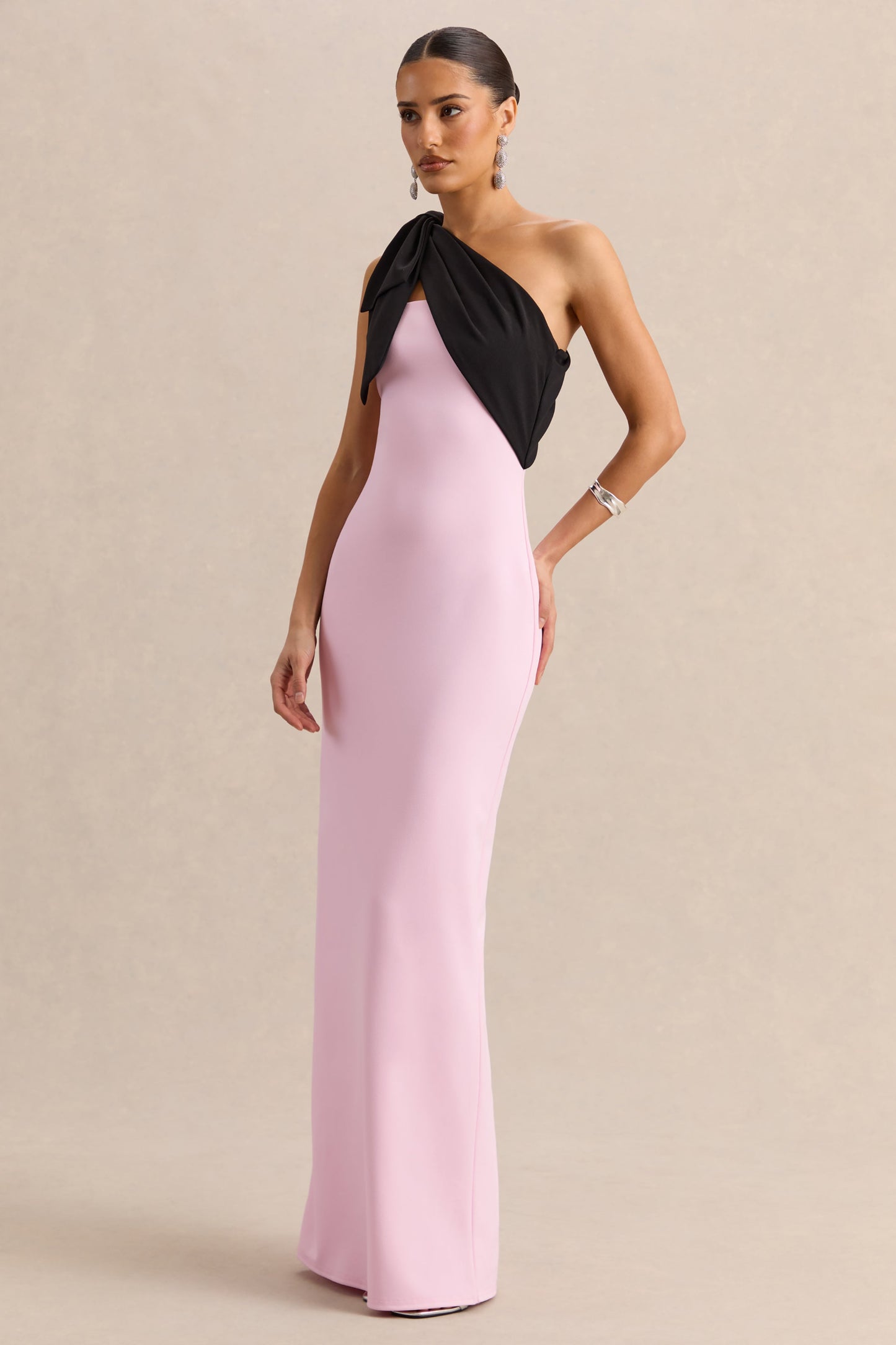 Adara | Pink & Black Asymmetric-Neck Maxi Dress With Bow-Detail