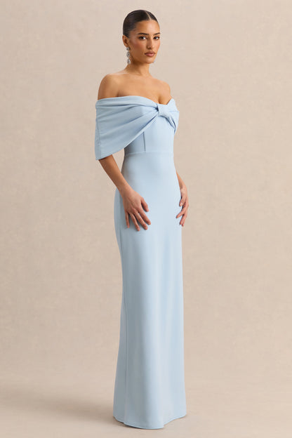 Agatha | Powder Blue Bow Bardot-Neck Maxi Dress
