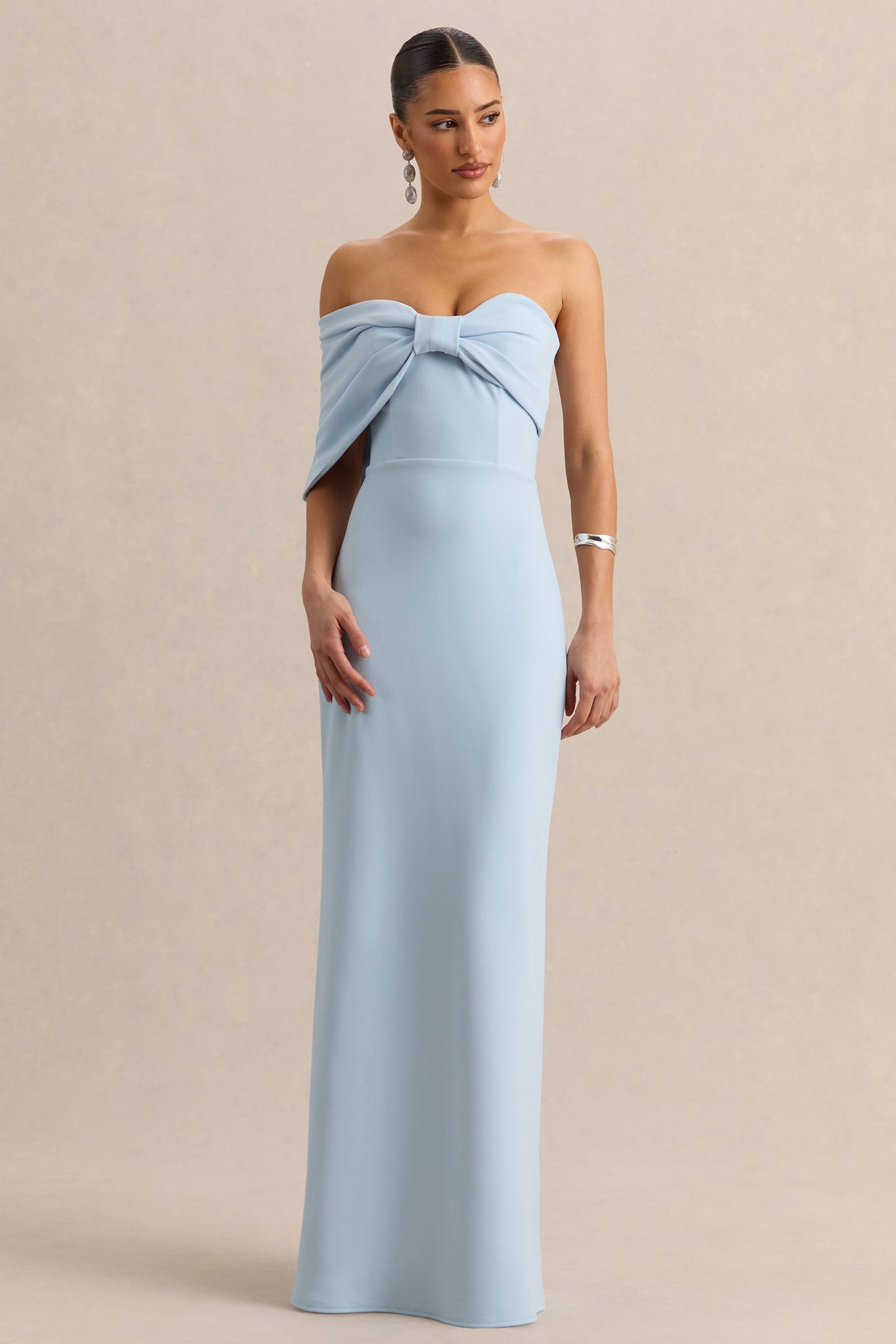 Agatha | Powder Blue Bow Bardot-Neck Maxi Dress