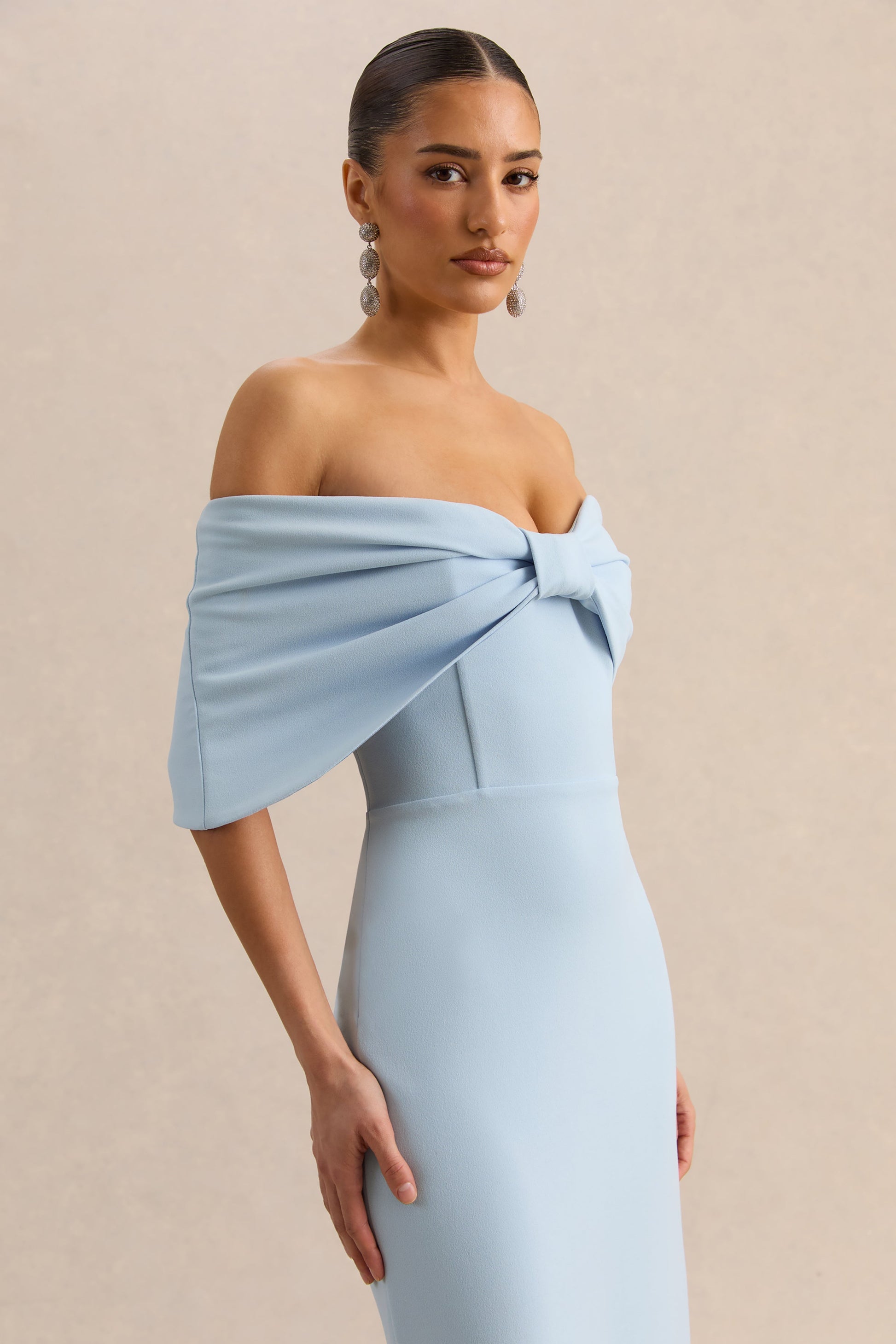 Agatha | Powder Blue Bow Bardot-Neck Maxi Dress