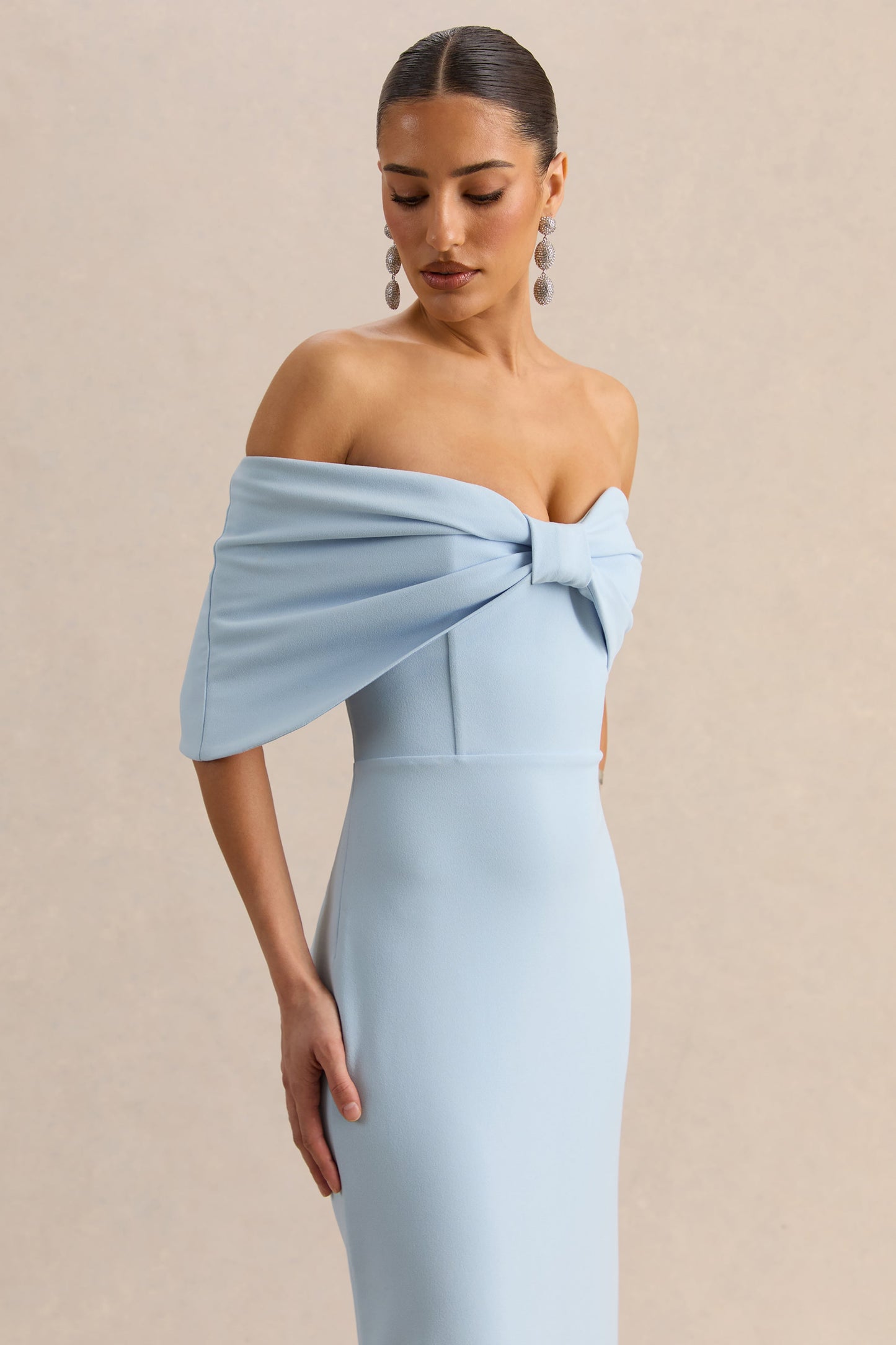 Agatha | Powder Blue Bow Bardot-Neck Maxi Dress