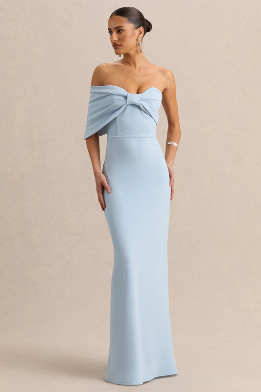 Agatha | Powder Blue Bow Bardot-Neck Maxi Dress