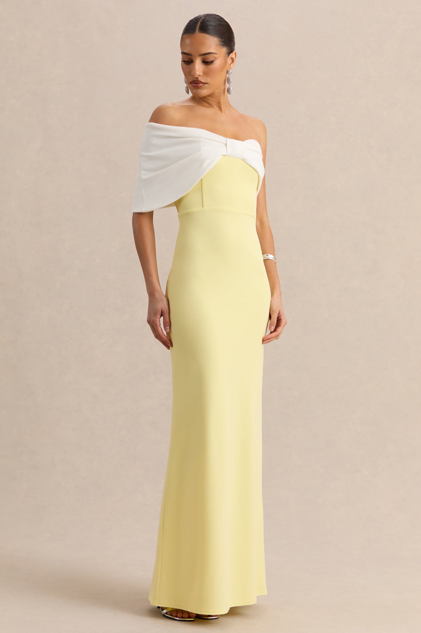 Agatha | Lemon & White Bow Bardot-Neck Maxi Dress