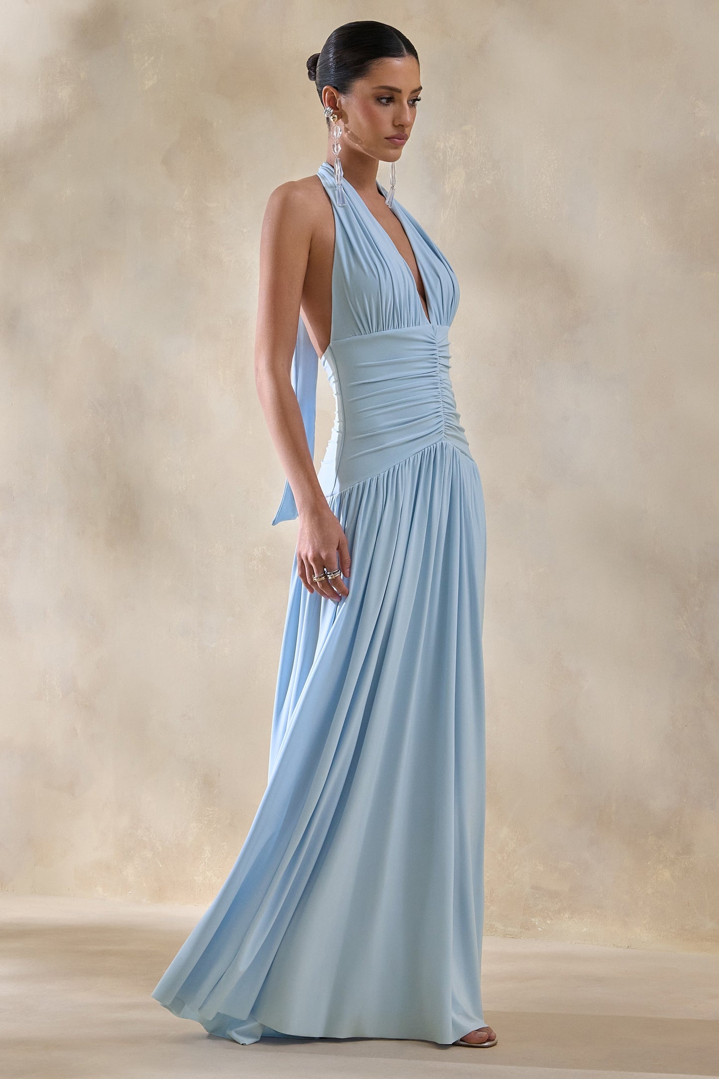 Bettina | Powder-Blue Plunge-Neck Maxi Dress With Gathered-Detailing