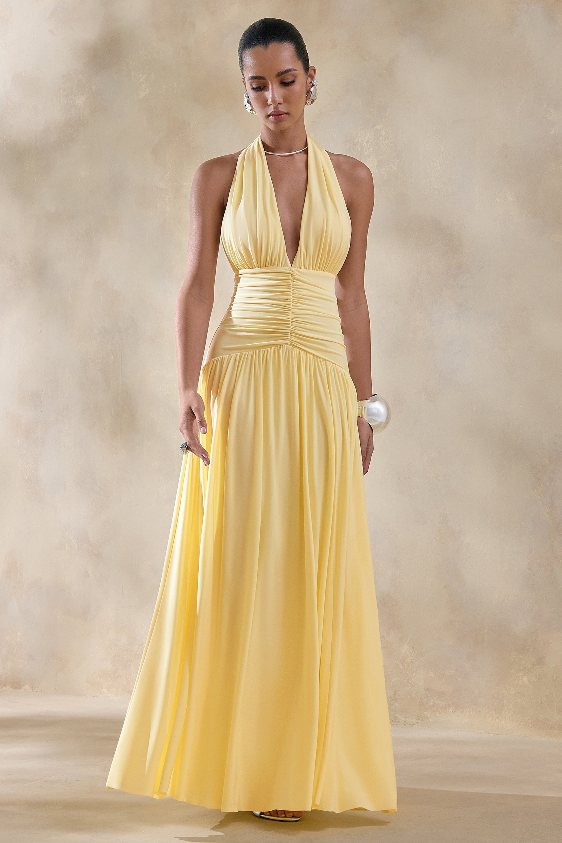 Bettina | Lemon Plunge-Neck Maxi Dress With Gathered-Detailing