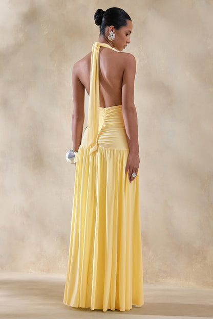 Bettina | Lemon Plunge-Neck Maxi Dress With Gathered-Detailing