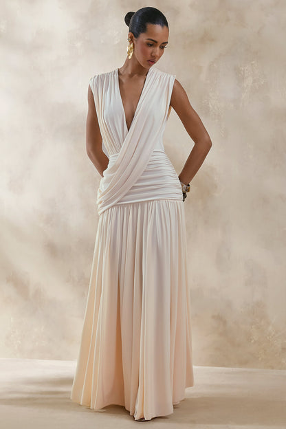Glorina | Cream Plunge-Neck Maxi Dress With Draped-Detailing