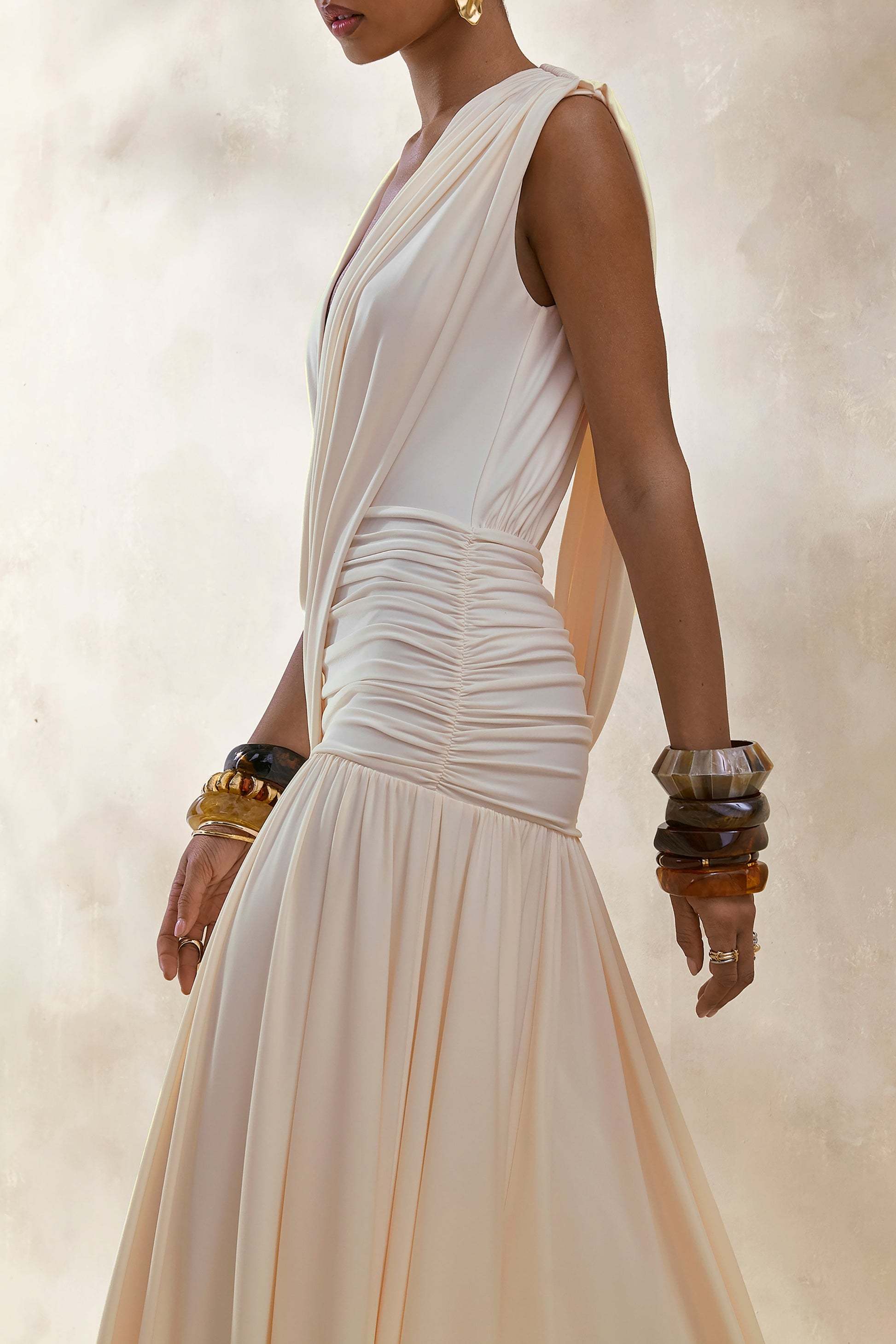 Glorina | Cream Plunge-Neck Maxi Dress With Draped-Detailing