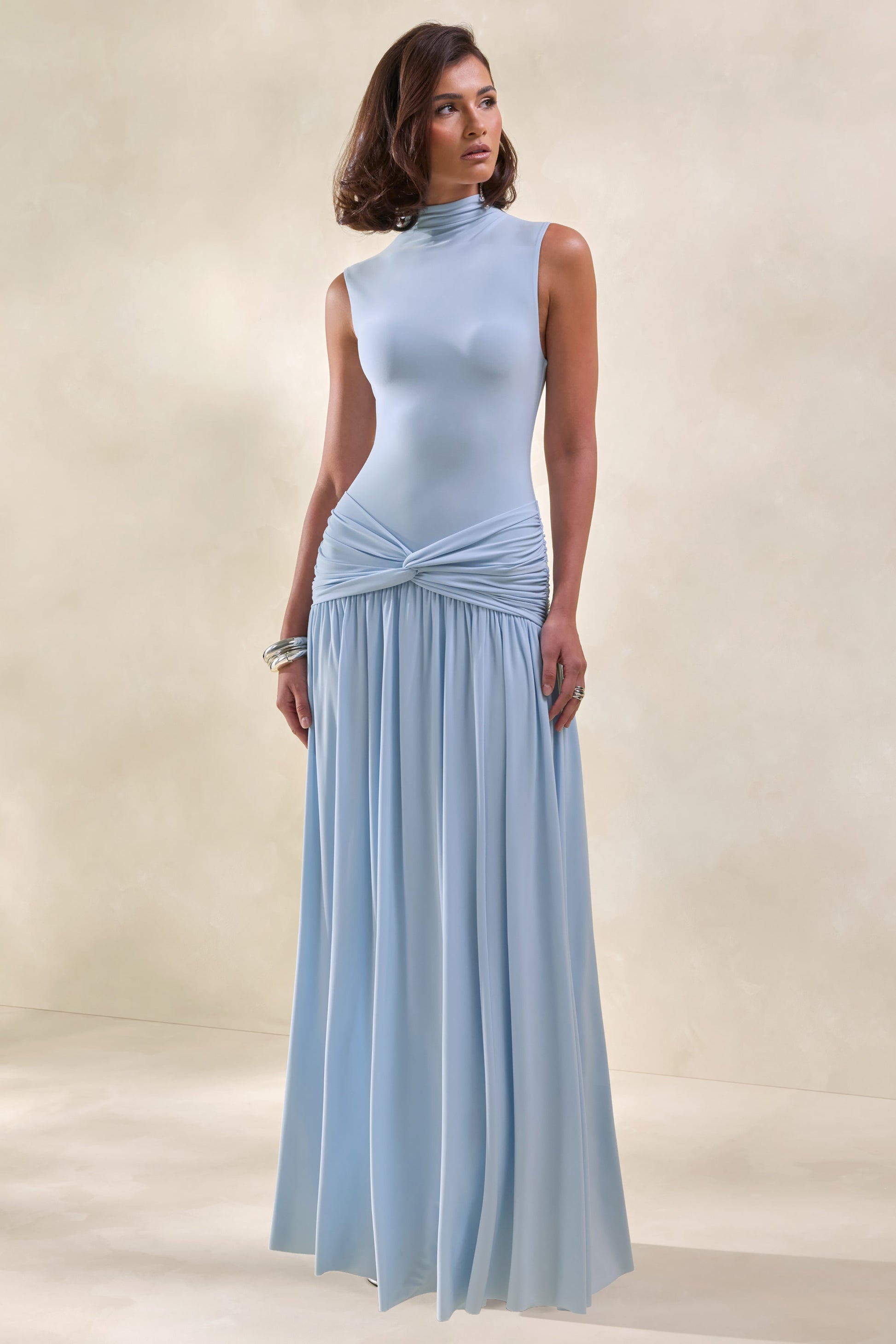 Glimora | Powder Blue High-Neck Maxi Dress With Ruched-Detailing
