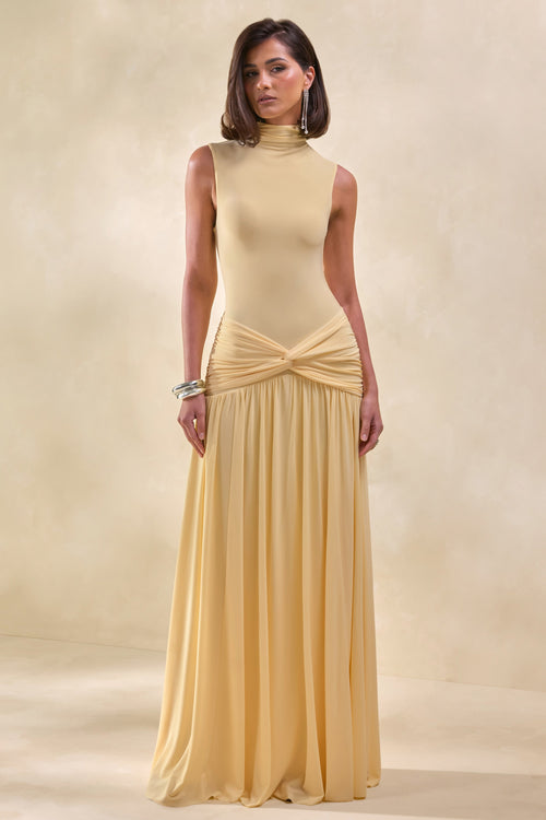 Glimora | Lemon High-Neck Maxi Dress With Ruched-Detailing