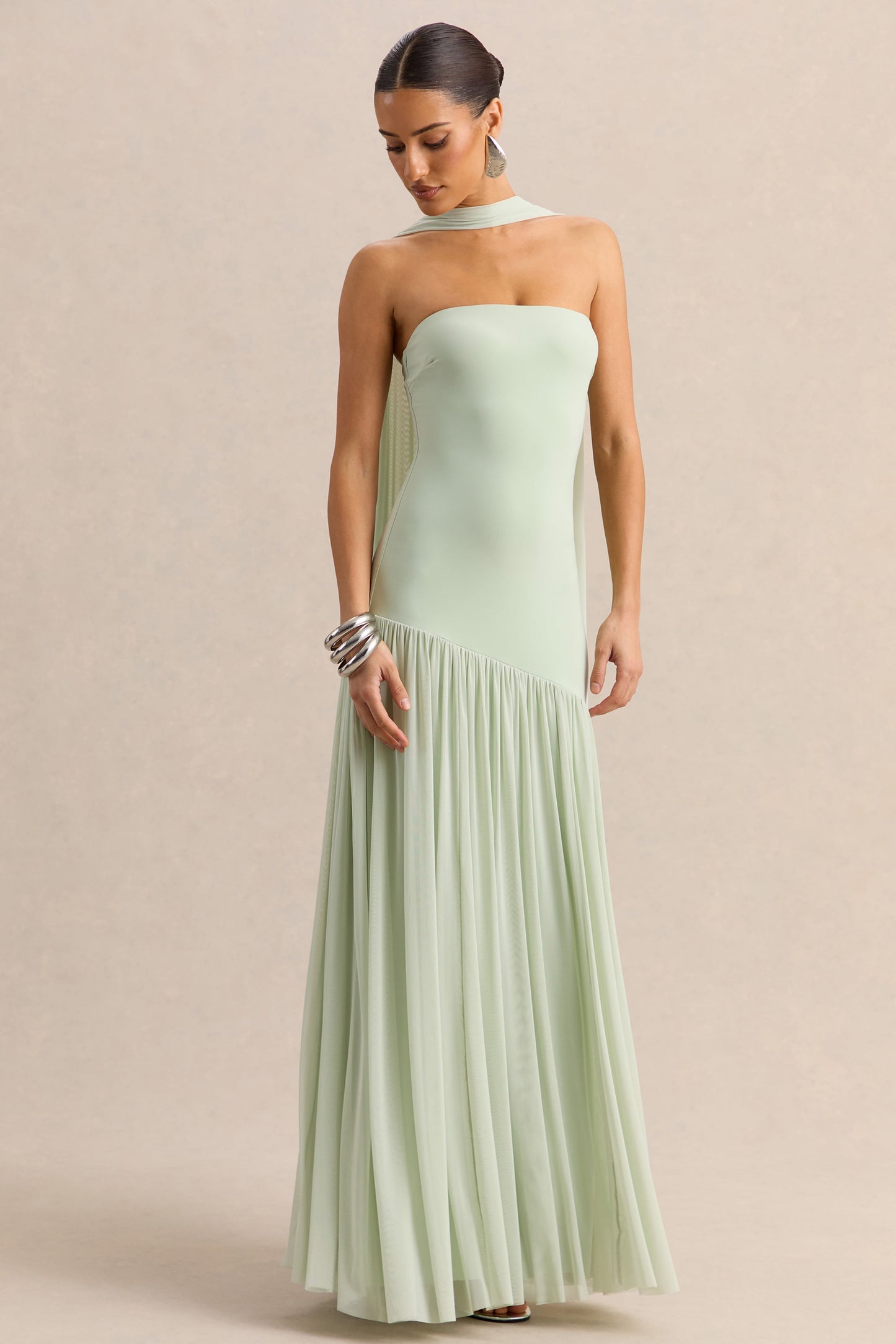 Bambi | Mint Bandeau Maxi Dress With Scarf-Detail