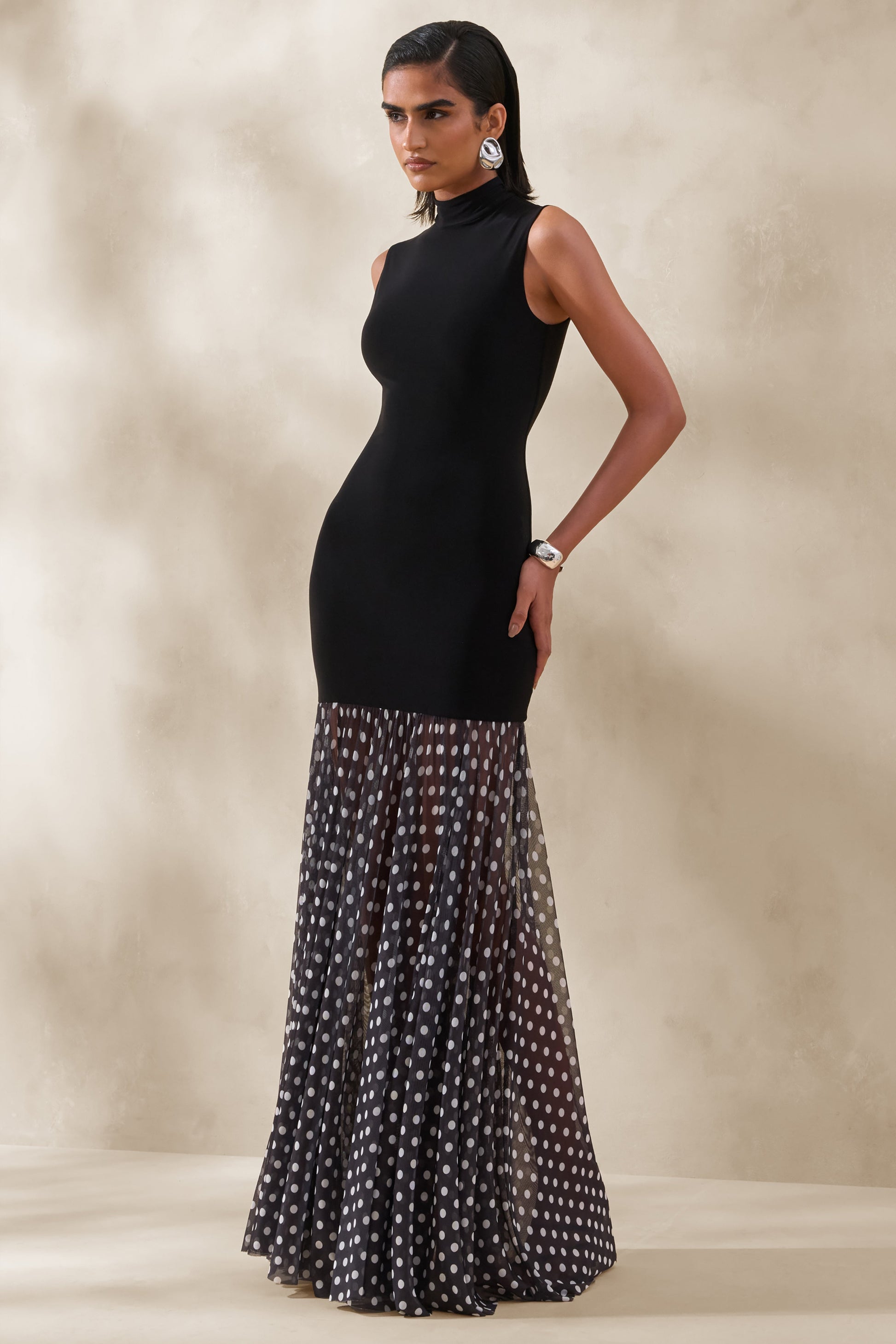 Felina | Black High-Neck Maxi Dress With Sheer-Skirt