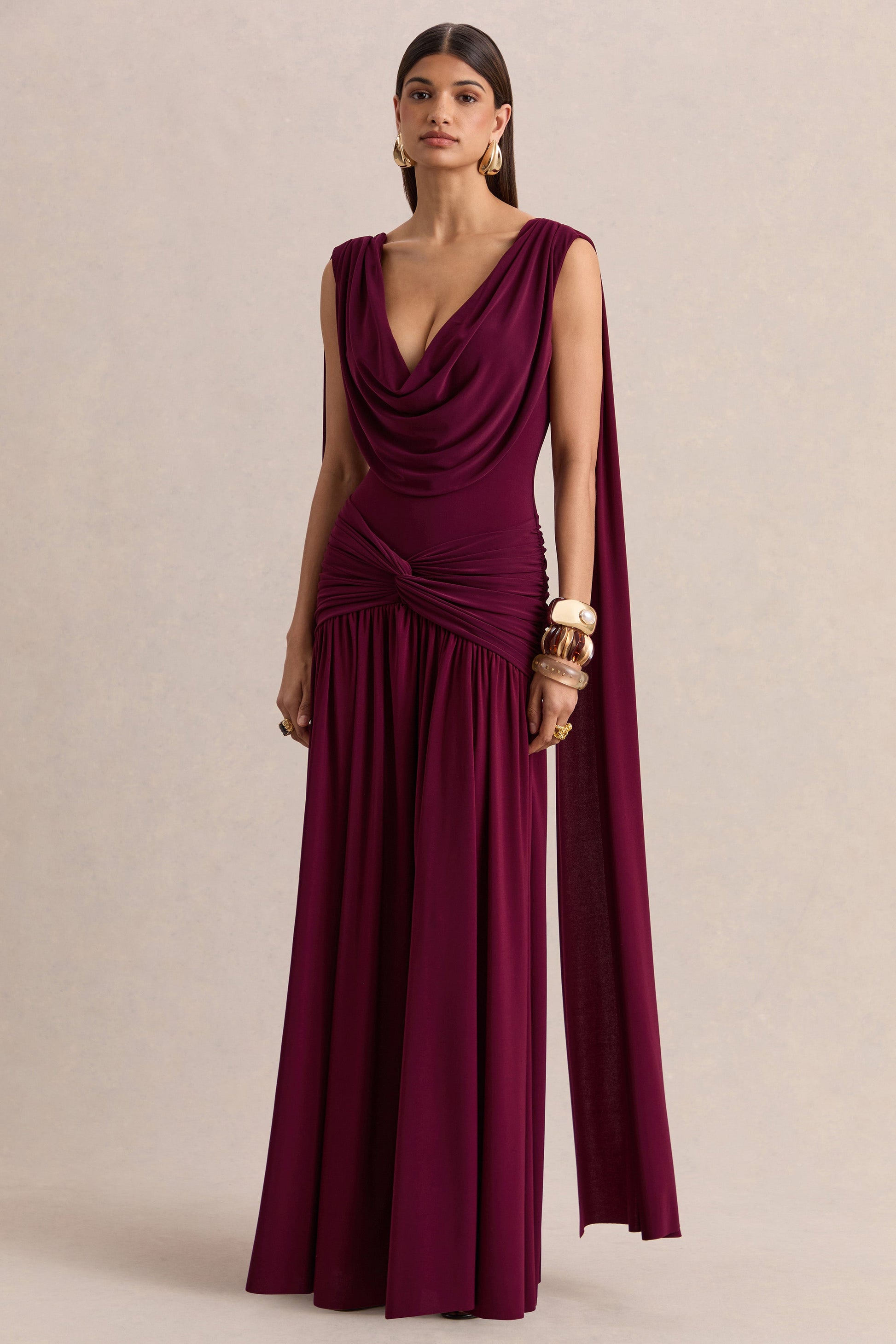 Amelisse | Burgundy Plunge-Neck Maxi Dress With Ruched-Detailing