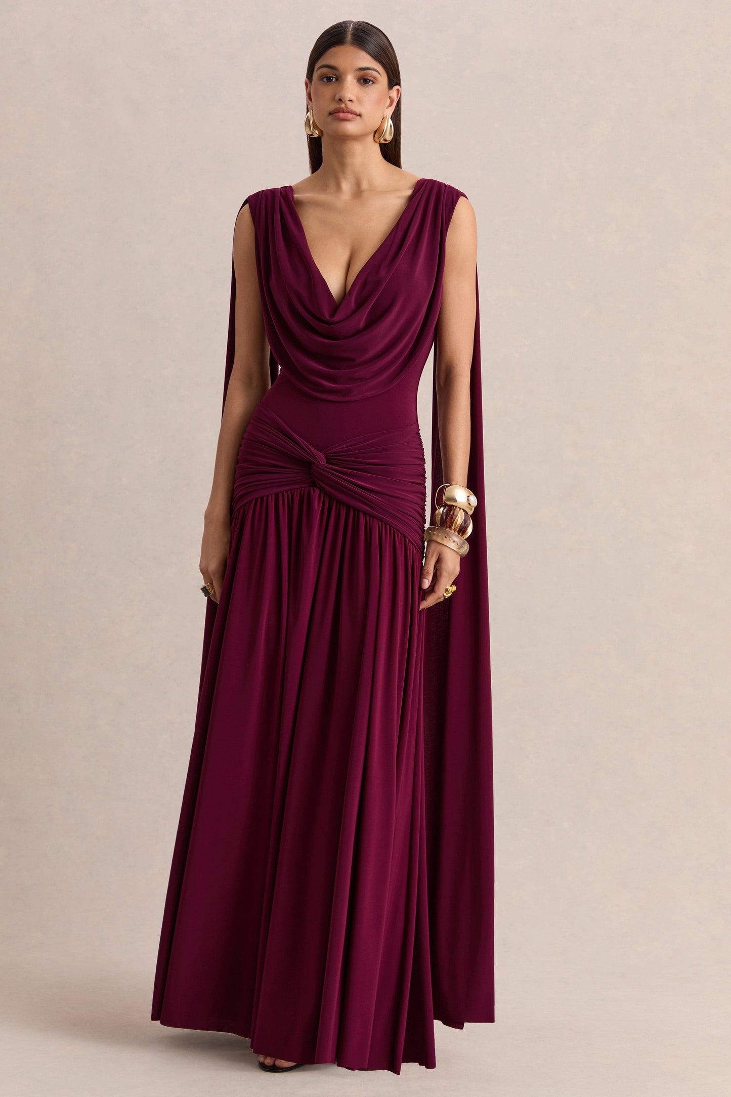 Amelisse | Burgundy Plunge-Neck Maxi Dress With Ruched-Detailing