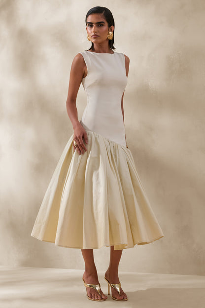 Fantasia | Cream Boat-Neck Midi Dress With Asymmetric Drop-Waist