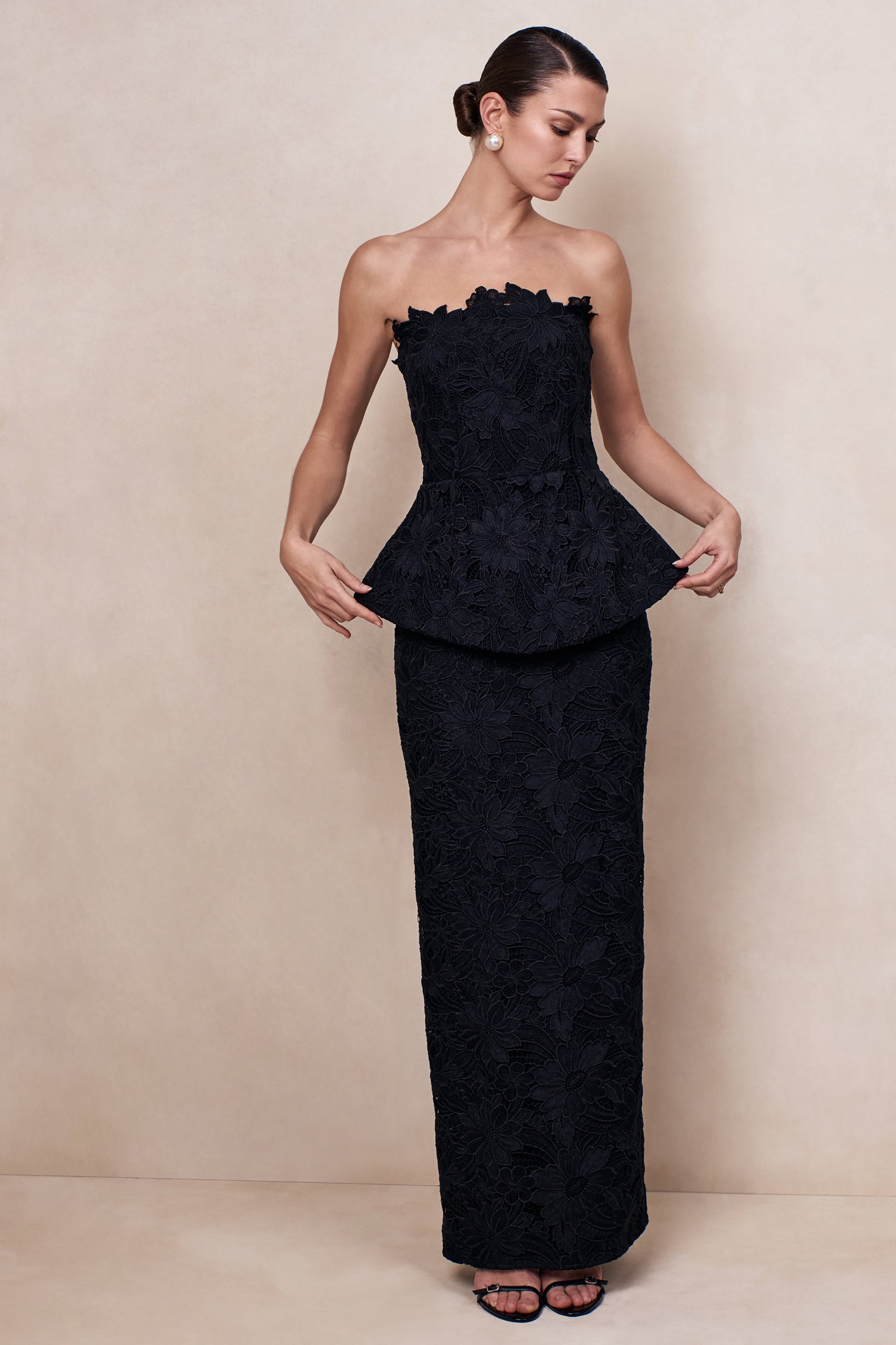 Delvine | Black Lace Bandeau Corset Maxi Dress