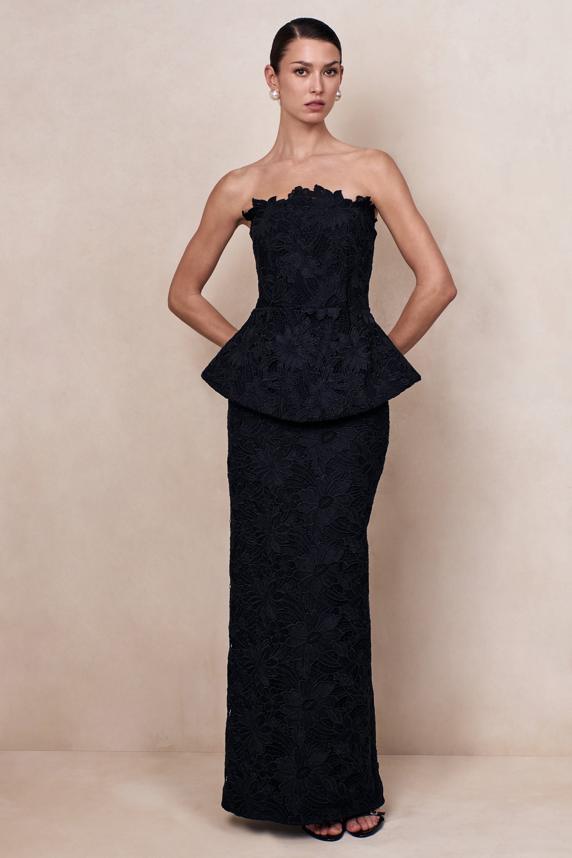 Delvine | Black Lace Bandeau Corset Maxi Dress