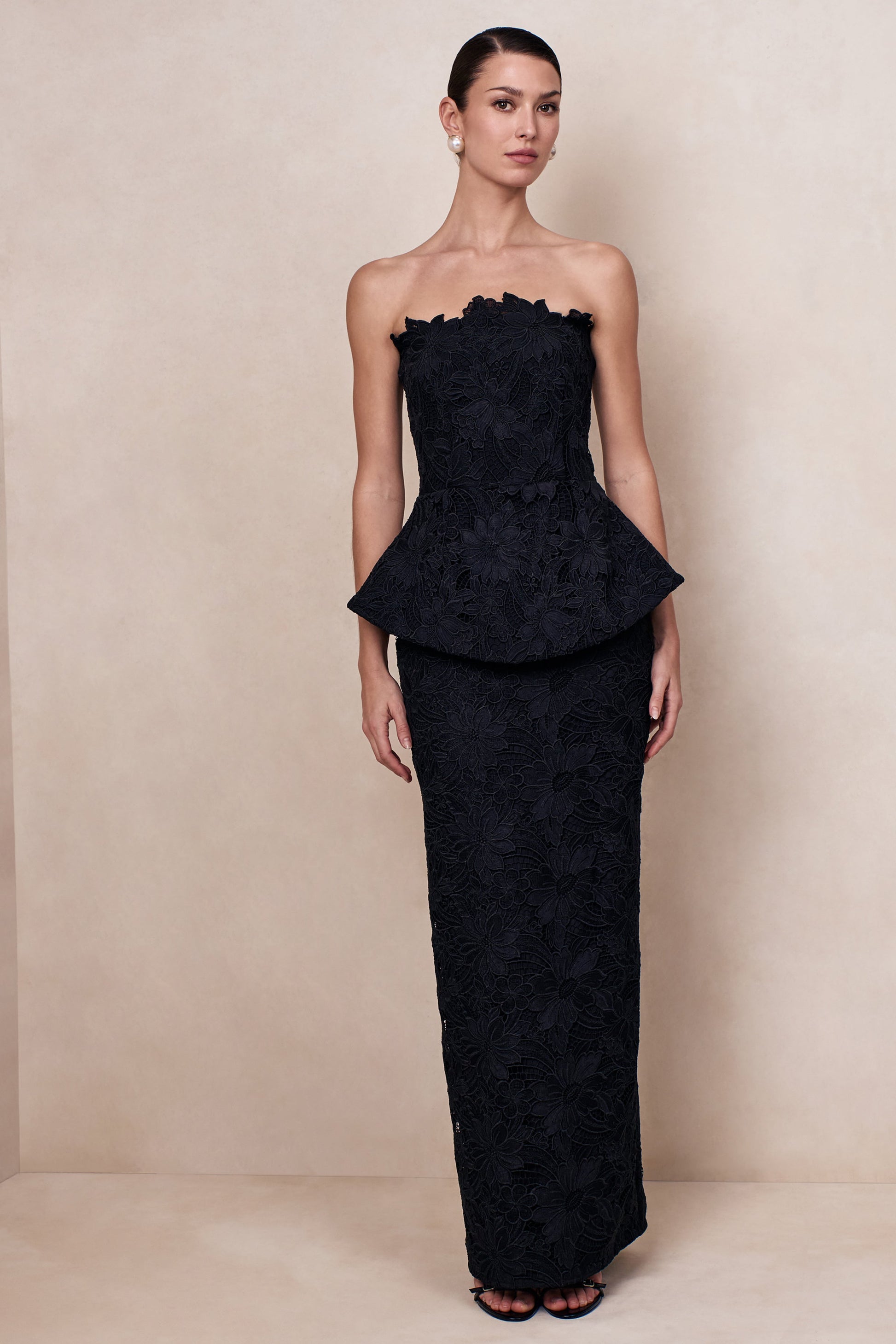 Delvine | Black Lace Bandeau Corset Maxi Dress