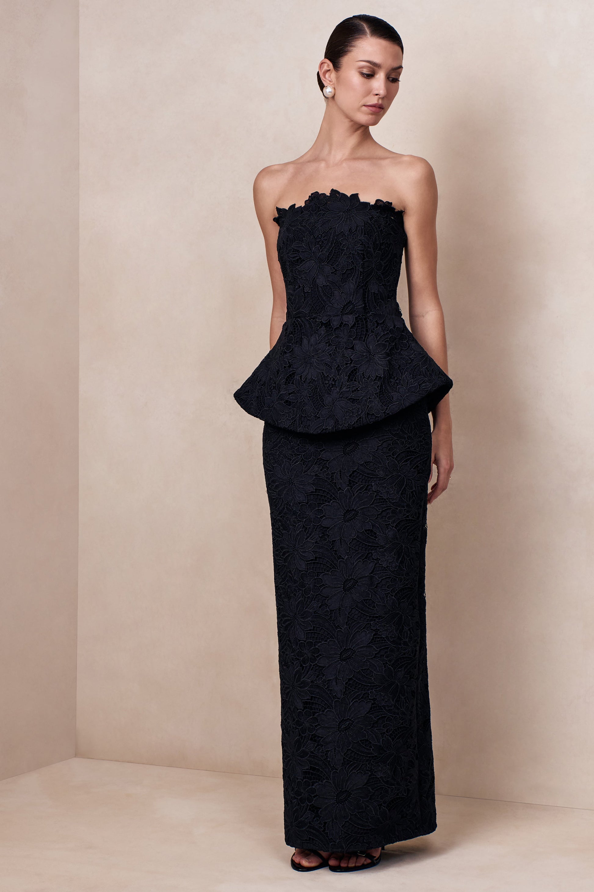 Delvine | Black Lace Bandeau Corset Maxi Dress