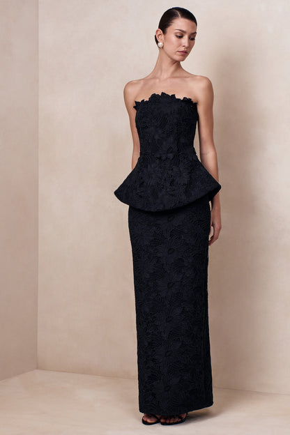 Delvine | Black Lace Bandeau Corset Maxi Dress
