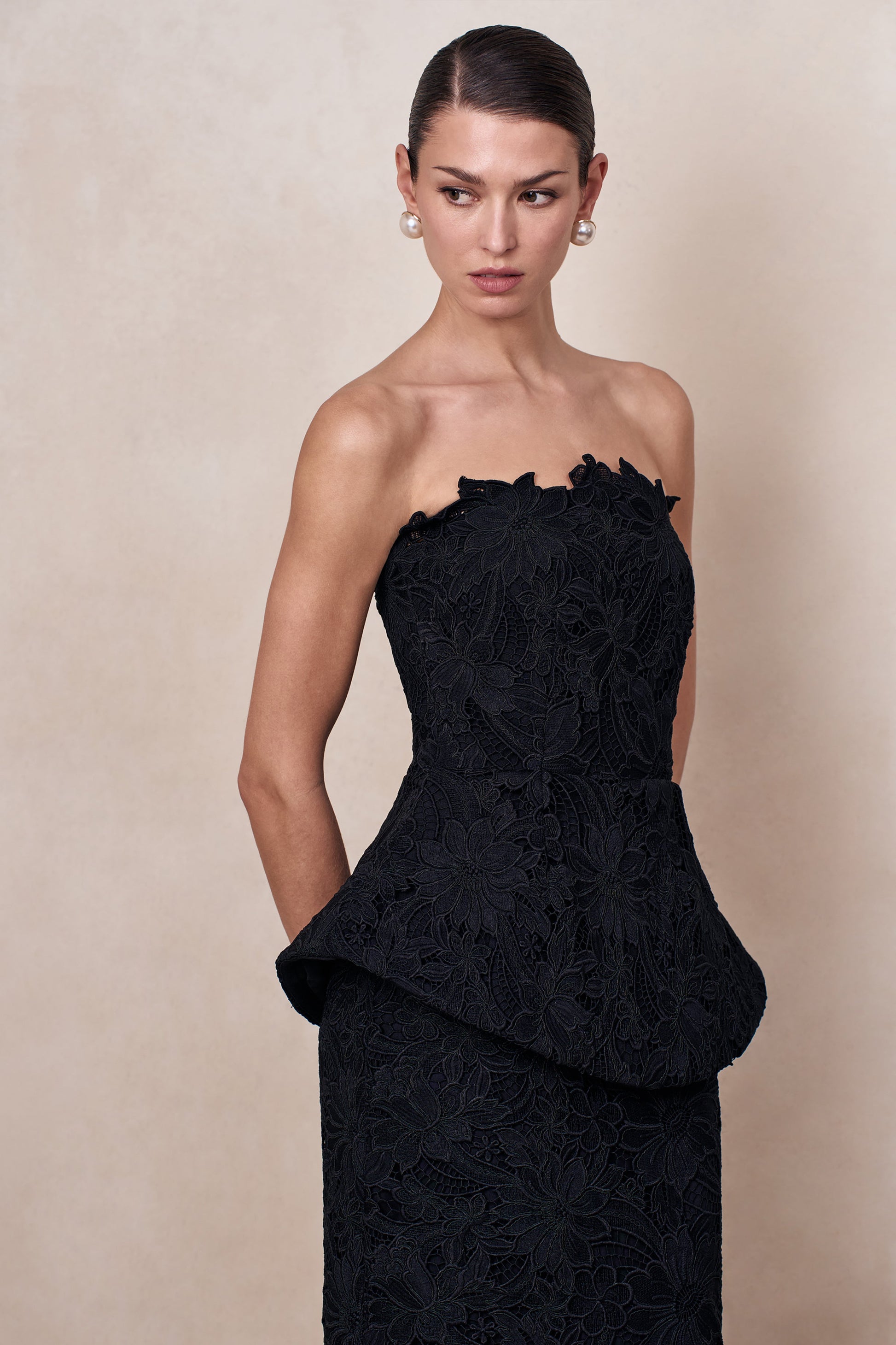 Delvine | Black Lace Bandeau Corset Maxi Dress