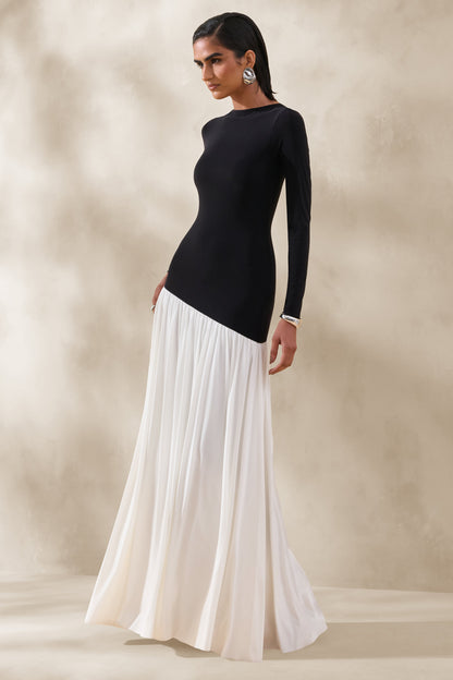 Jasira | Black & White Slashed-Neck Maxi Dress With Asymmetric Drop-Waist