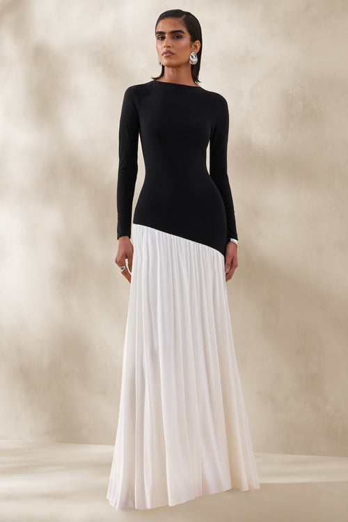 Jasira | Black & White Slashed-Neck Maxi Dress With Asymmetric Drop-Waist
