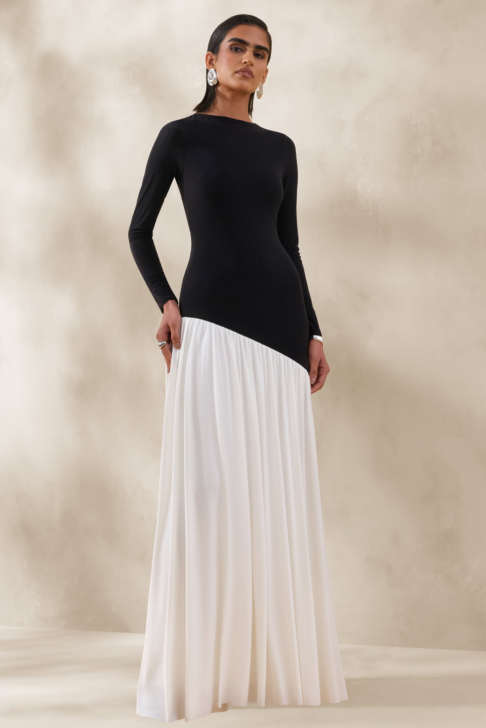 Jasira | Black & White Slashed-Neck Maxi Dress With Asymmetric Drop-Waist