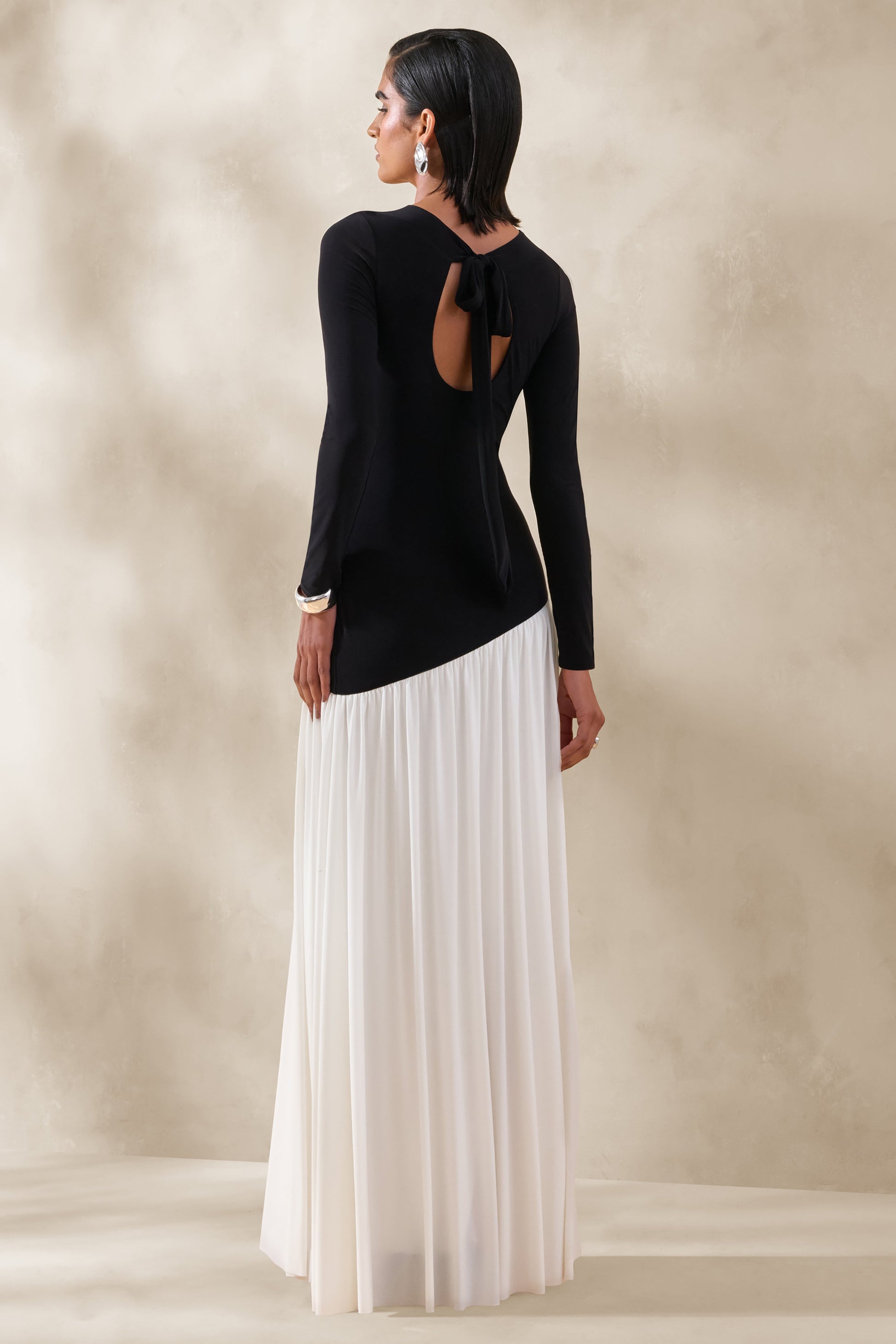 Jasira | Black & White Slashed-Neck Maxi Dress With Asymmetric Drop-Waist