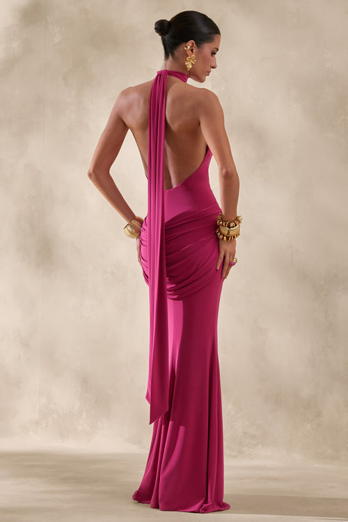 Daisy | Hot Pink Halter-Neck Maxi Dress With Draped-Detailing