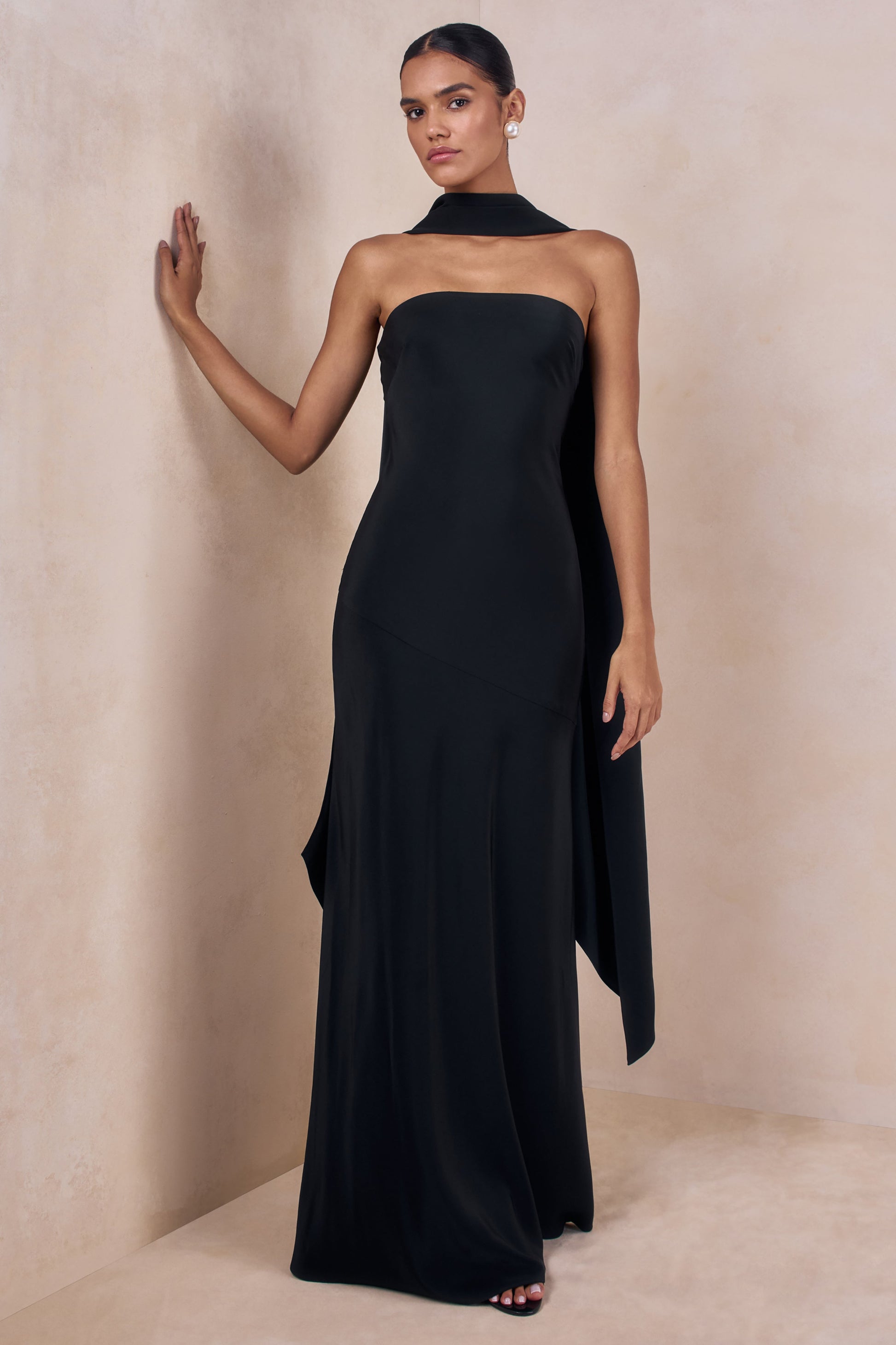 Charly | Black Matte Satin Bandeau Maxi Dress With Scarf-Detail