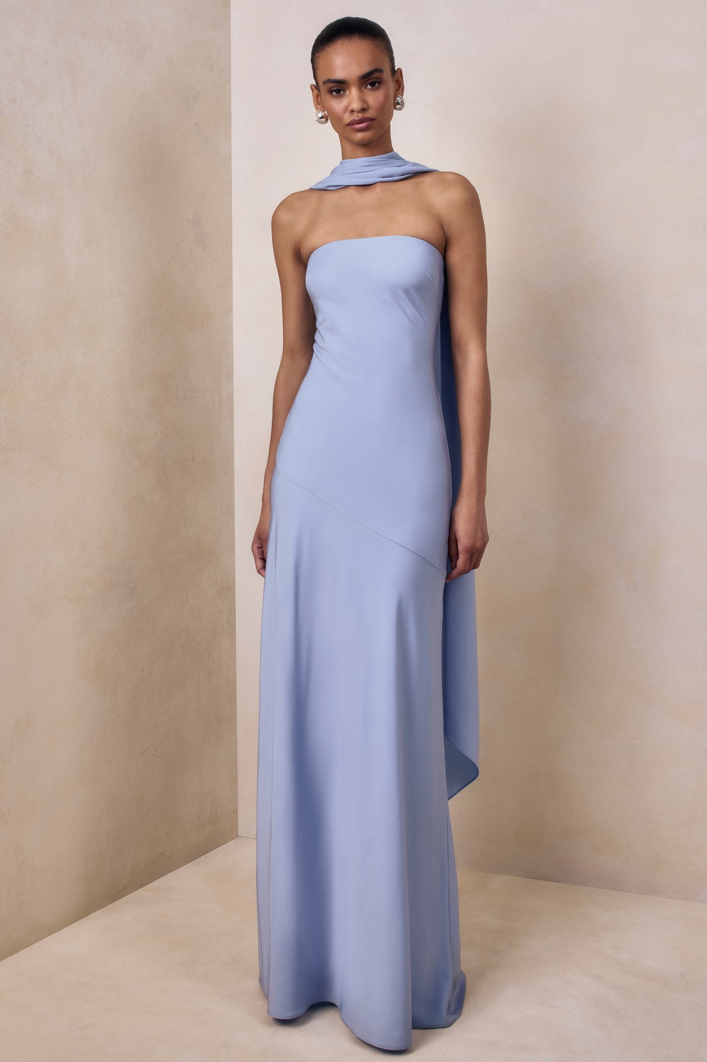 Charly | Powder Blue Matte Satin Bandeau Maxi Dress With Scarf-Detail