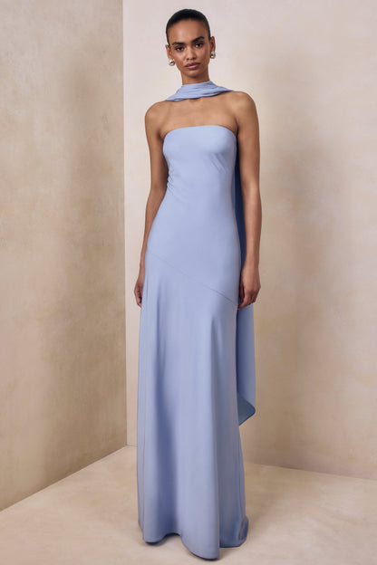 Charly | Powder Blue Matte Satin Bandeau Maxi Dress With Scarf-Detail