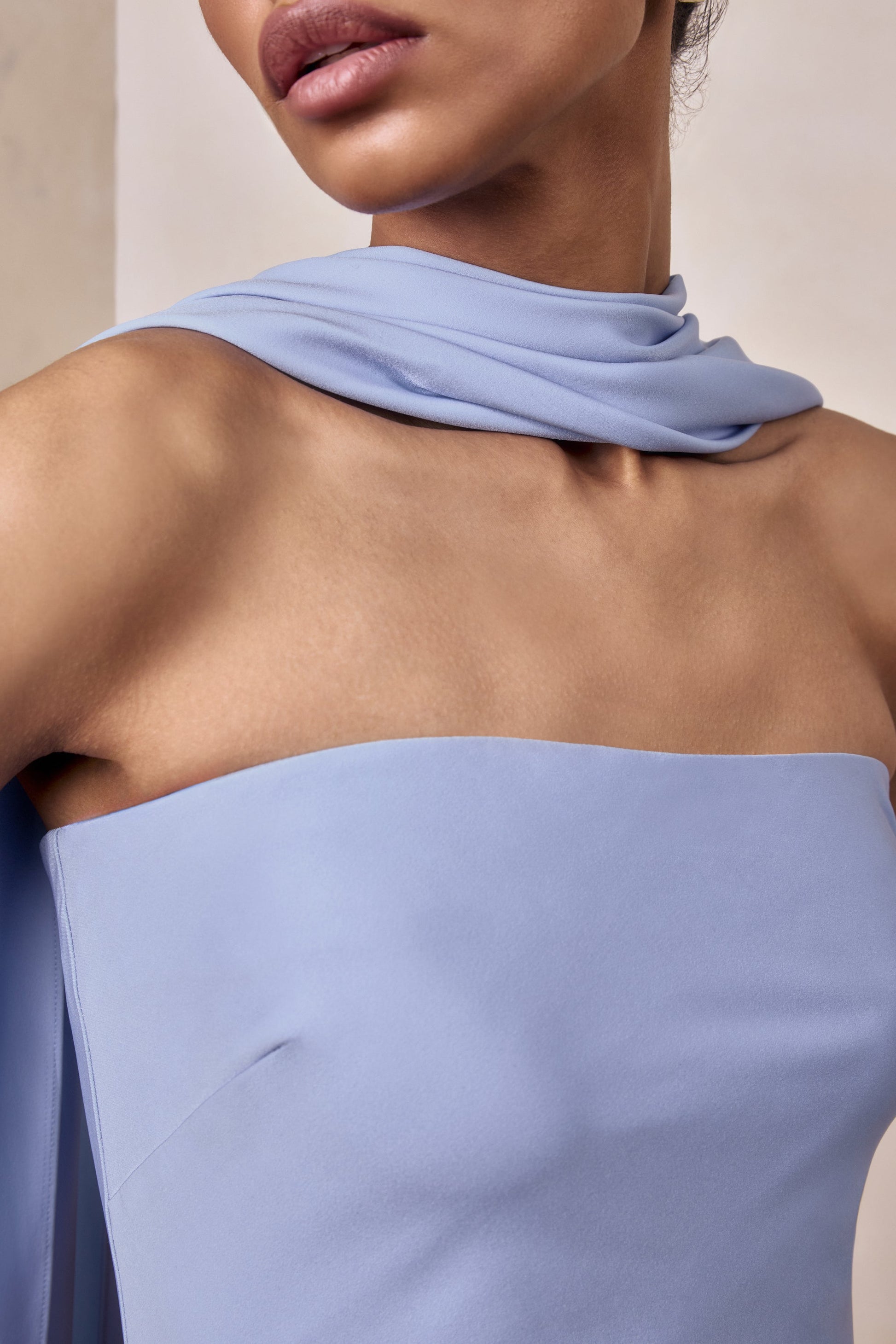 Charly | Powder Blue Matte Satin Bandeau Maxi Dress With Scarf-Detail
