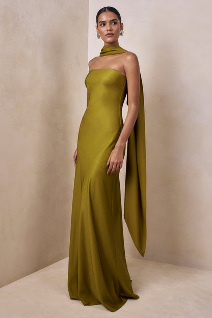 Charly | Olive Matte Satin Bandeau Maxi Dress With Scarf-Detail