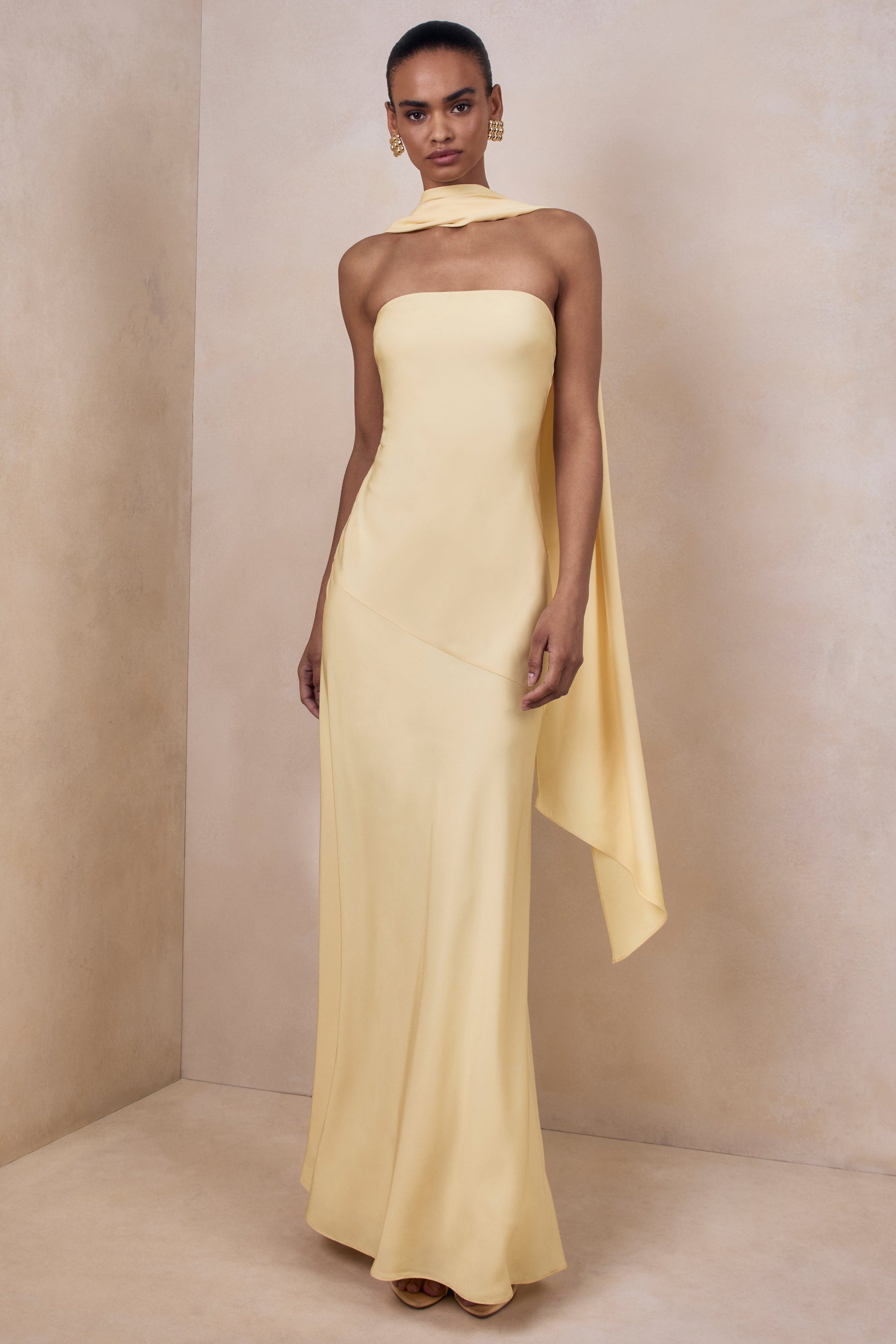 Charly | Lemon Matte Satin Bandeau Maxi Dress With Scarf-Detail