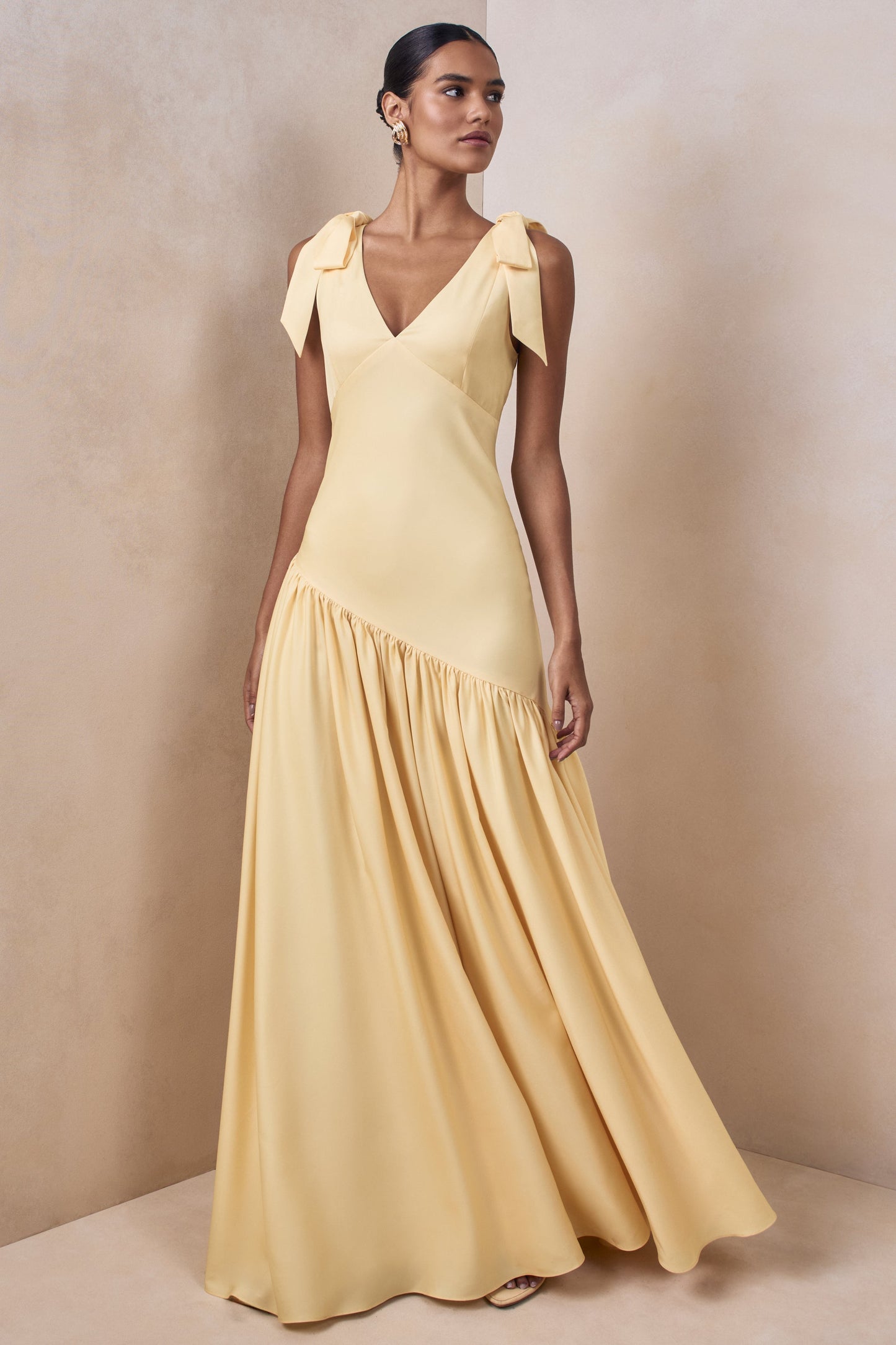 Cala | Lemon Matte Satin Plunge-Neck Maxi Dress With Bow-Sleeves