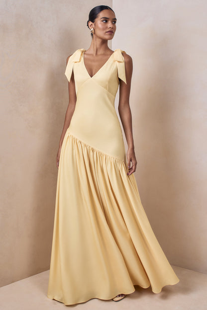 Cala | Lemon Matte Satin Plunge-Neck Maxi Dress With Bow-Sleeves