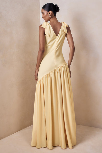 Cala | Lemon Matte Satin Plunge-Neck Maxi Dress With Bow-Sleeves
