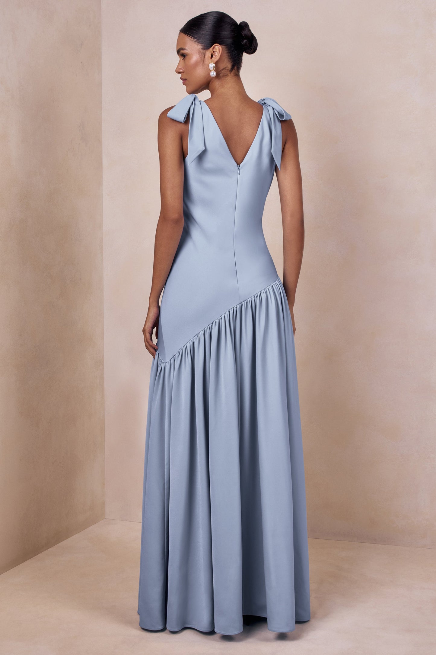 Cala | Powder Blue Matte Satin Plunge-Neck Maxi Dress With Bow-Sleeves