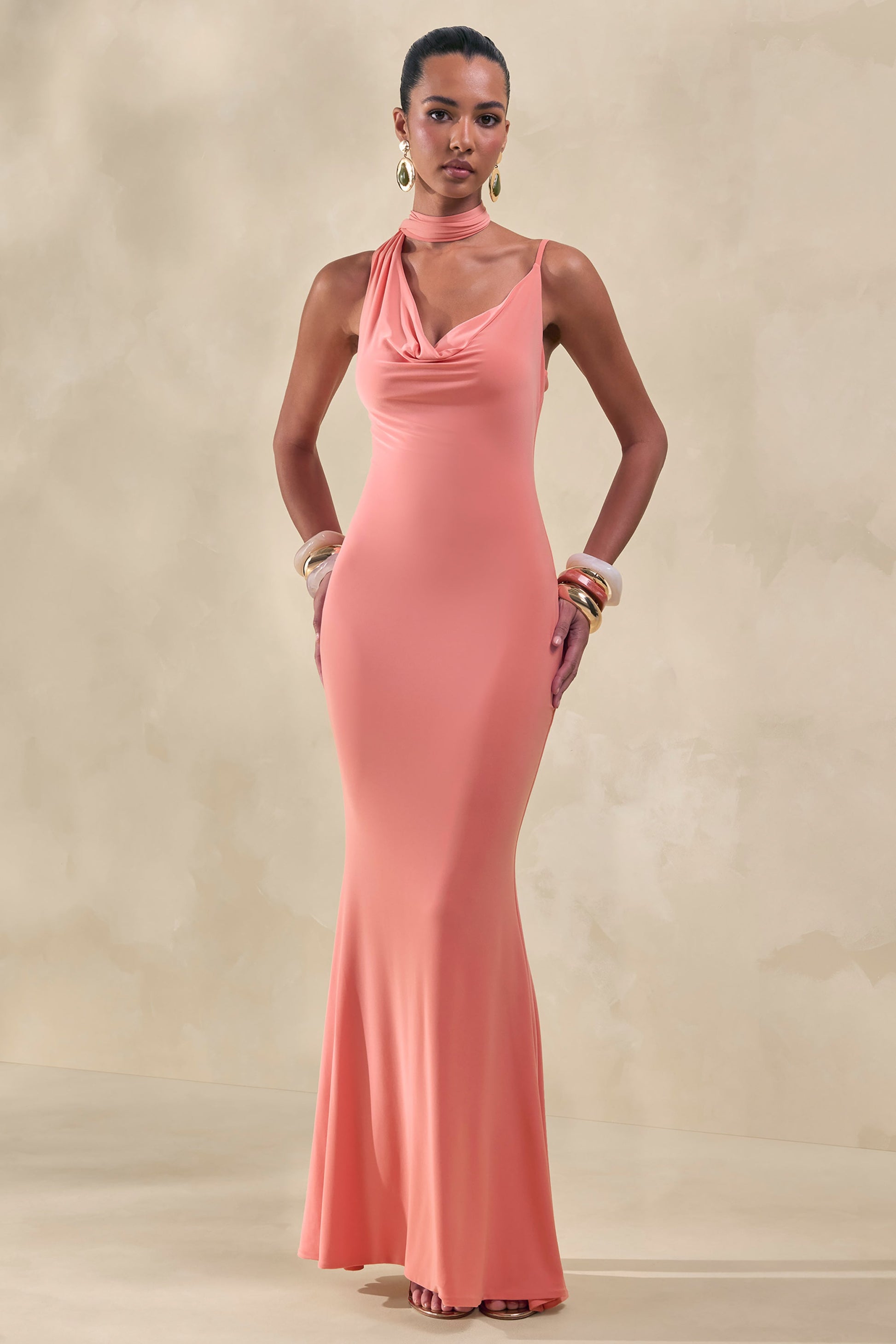 Kenza | Coral Asymmetric-Neck Maxi Dress With Scarf-Detail