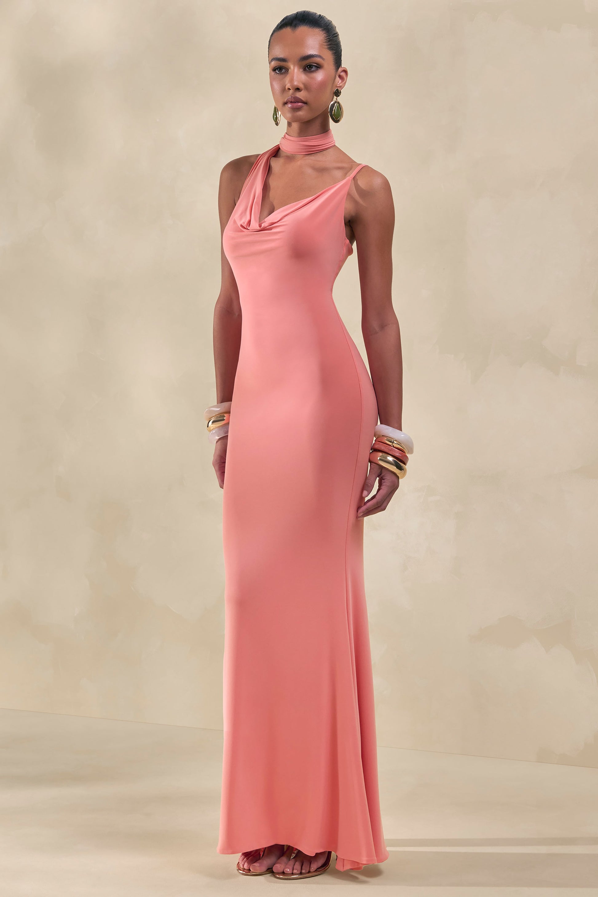 Kenza | Coral Asymmetric-Neck Maxi Dress With Scarf-Detail