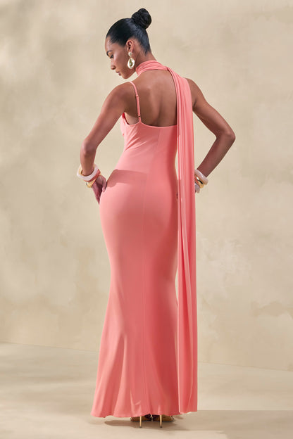 Kenza | Coral Asymmetric-Neck Maxi Dress With Scarf-Detail