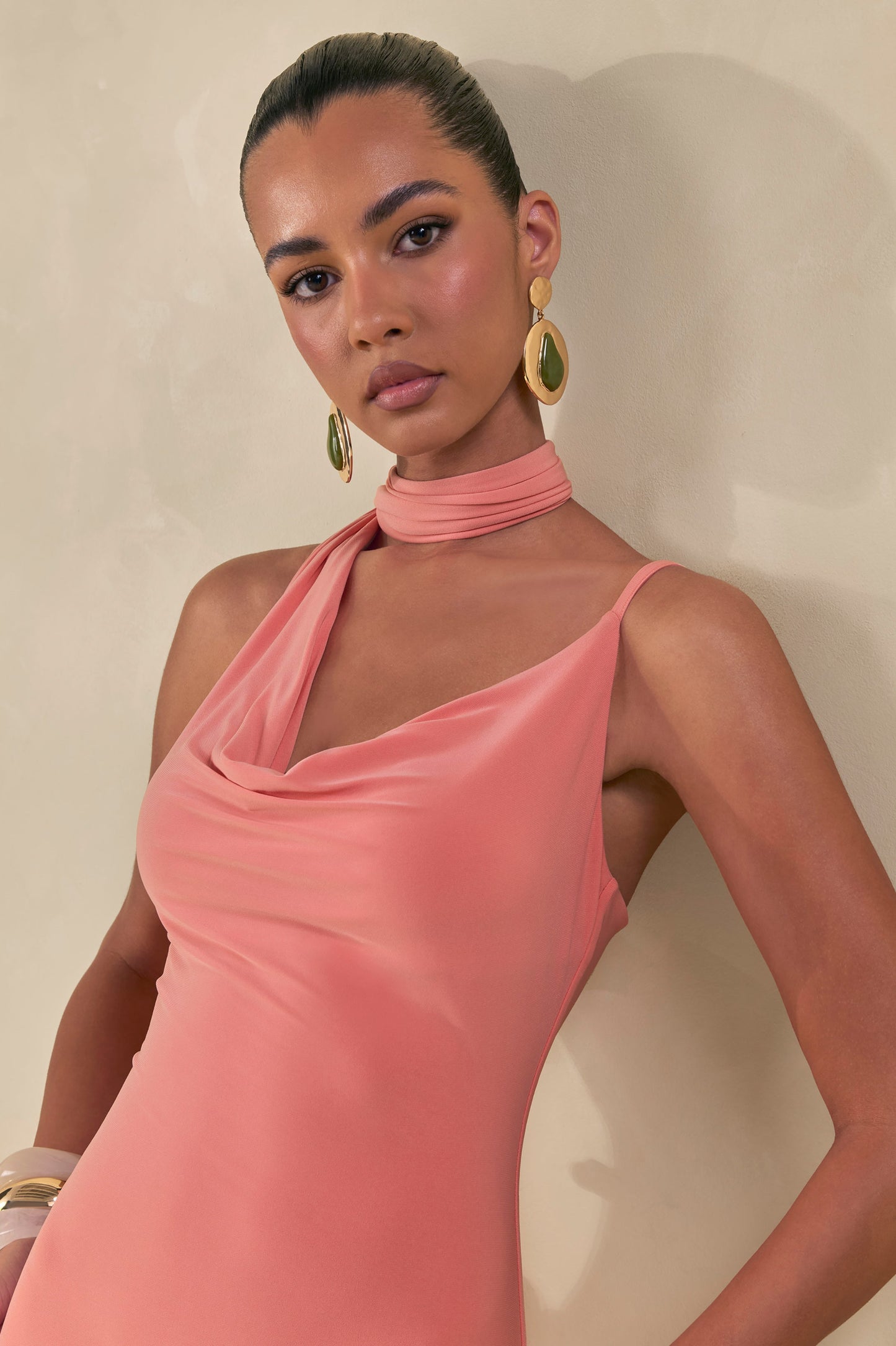 Kenza | Coral Asymmetric-Neck Maxi Dress With Scarf-Detail