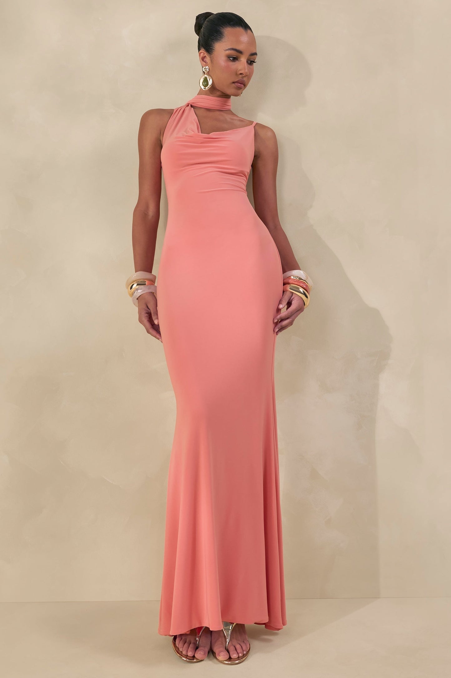 Kenza | Coral Asymmetric-Neck Maxi Dress With Scarf-Detail