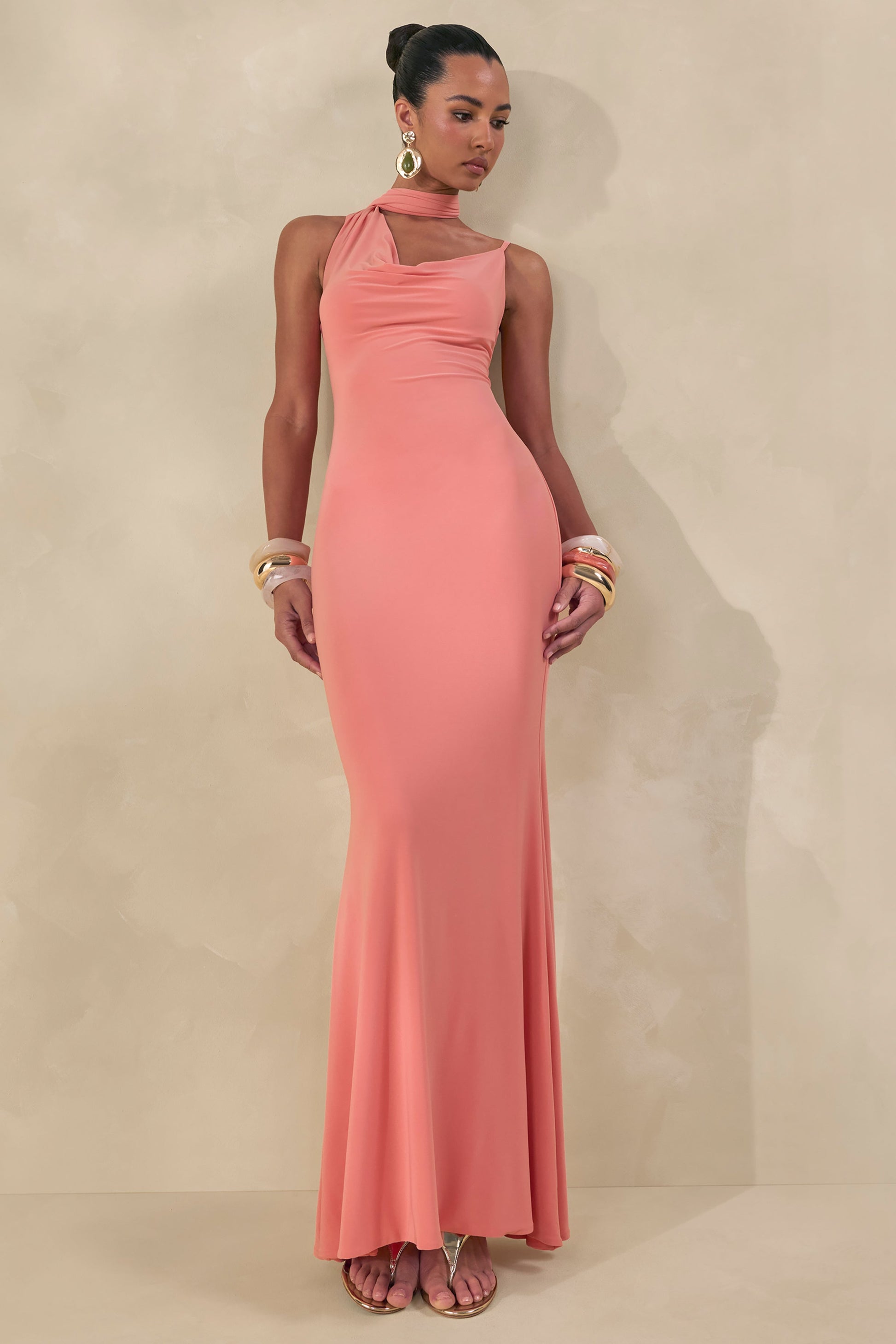Kenza | Coral Asymmetric-Neck Maxi Dress With Scarf-Detail