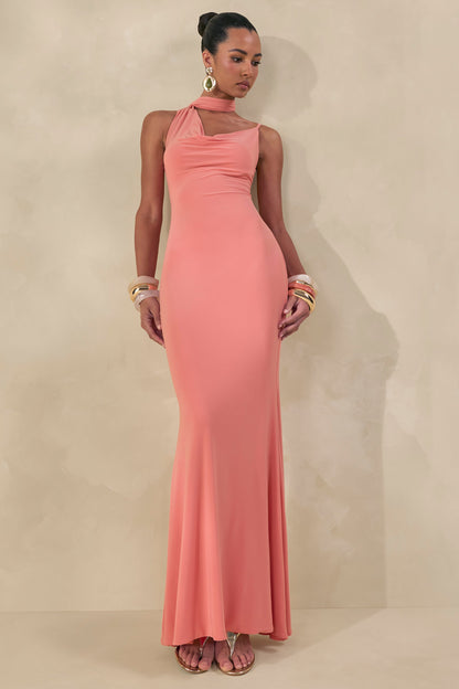Kenza | Coral Asymmetric-Neck Maxi Dress With Scarf-Detail