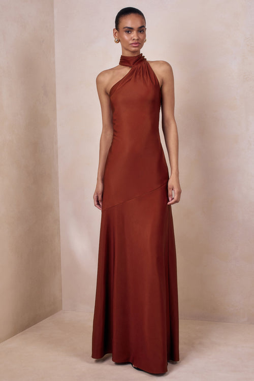 Cara | Rust Matte Satin High-Neck Maxi Dress