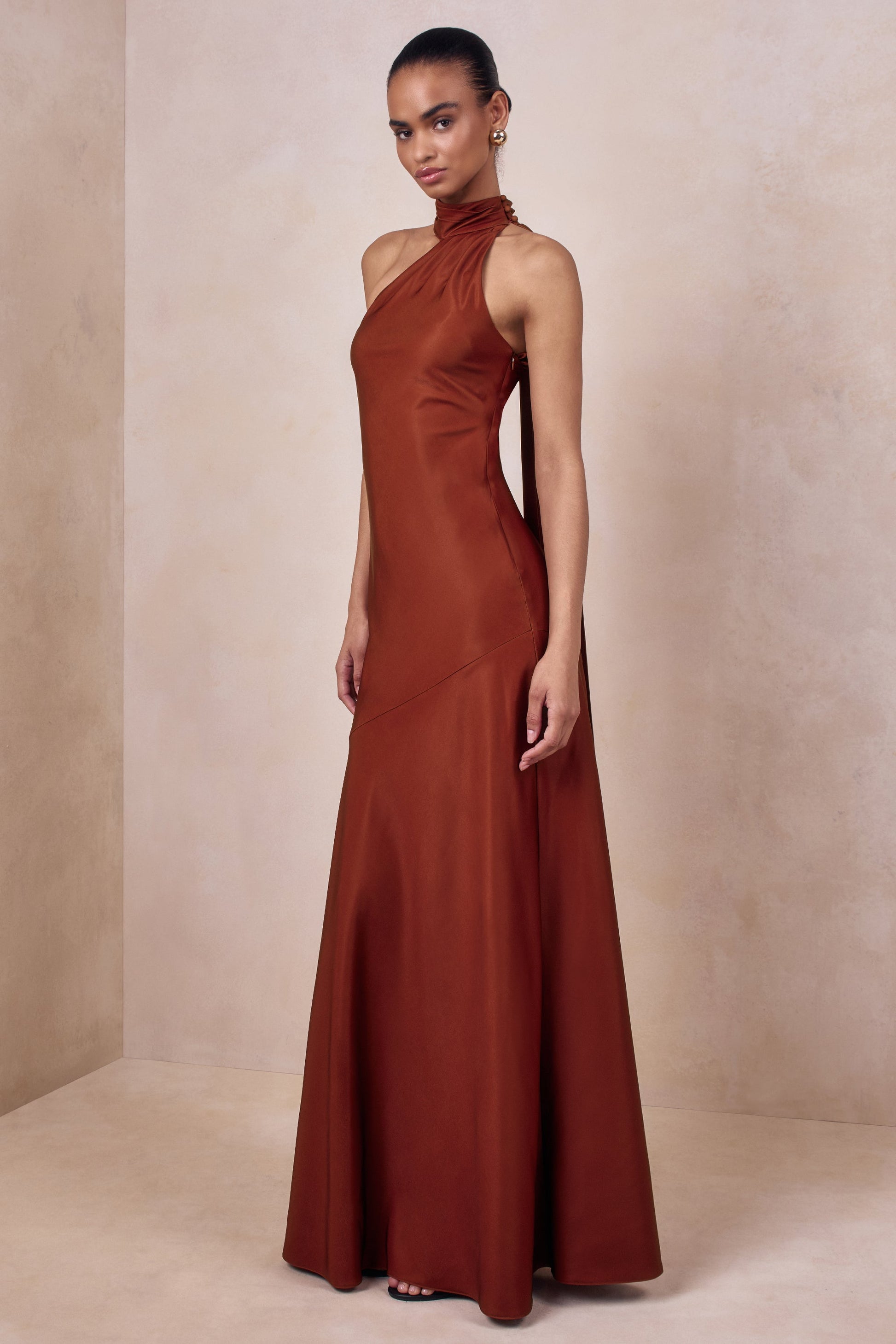 Cara | Rust Matte Satin High-Neck Maxi Dress